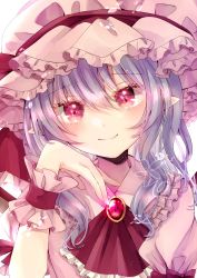 Rule 34 | 1girl, ascot, bat wings, blush, bow, brooch, closed mouth, dress, frilled shirt collar, frilled sleeves, frills, hair between eyes, hand on own cheek, hand on own face, hand up, hat, hat ribbon, head tilt, jaku sono, jewelry, looking at viewer, medium hair, mob cap, pink dress, pointy ears, puffy short sleeves, puffy sleeves, purple ascot, purple hair, red bow, red eyes, red ribbon, remilia scarlet, ribbon, short sleeves, sidelocks, simple background, smile, solo, touhou, upper body, white background, wings, wrist cuffs