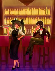Rule 34 | 10s, 2girls, alternate costume, anchovy (girls und panzer), bad id, bad pixiv id, bar (place), black footwear, black neckwear, black ribbon, black skirt, black sweater, black vest, brown eyes, brown hair, brown pants, casual, closed mouth, commentary request, crossed legs, cup, dress shirt, drill hair, drinking glass, food, from side, girls und panzer, glass, green hair, hair ribbon, head rest, high heels, highres, holding, indoors, light smile, loafers, long hair, long skirt, long sleeves, looking at another, looking back, multiple girls, necktie, nishizumi maho, open mouth, pants, pasta, pencil skirt, red eyes, ribbon, shirt, shoes, short hair, sitirouta t, sitting, skirt, sleeves rolled up, smile, standing, stool, sweater, tray, twin drills, twintails, vest, waitress, white shirt, wine glass
