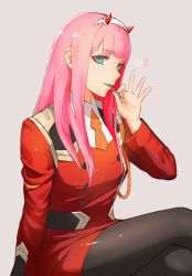 Rule 34 | 10s, absurdres, aqua eyes, bad id, bad pixiv id, candy, crossed legs, darling in the franxx, food, hair over breasts, hairband, highres, horns, lollipop, looking to the side, loon 7774, military, military uniform, orange neckwear, pantyhose, pink hair, solo, straight hair, thighs, uniform, white hairband, zero two (darling in the franxx)