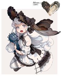 Rule 34 | 1girl, black footwear, black hat, doll, dress, frilled hat, frills, grey eyes, hat, highres, holding, long hair, looking at viewer, open mouth, original, oyster, personification, rinotuna, shadow, shoes, short sleeves, solo, thighhighs, white dress, white hair, white thighhighs