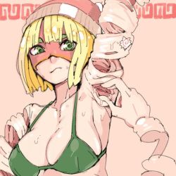 Rule 34 | 1girl, arms (game), blonde hair, breasts, domino mask, female focus, green eyes, large breasts, looking at viewer, mask, min min (arms), nintendo, sexually suggestive, shiny skin, short hair, sweat, takayama toshinori, wet