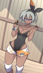 Rule 34 | 1girl, abs, absurdres, adapted costume, alternate breast size, barefoot, bea (pokemon), black one-piece swimsuit, breasts, cleavage, covered navel, creatures (company), dark-skinned female, dark skin, game freak, gym leader, highres, nac000, nintendo, one-piece swimsuit, pokemon, pokemon swsh, pulled by self, shorts, solo, sportswear, standing, strap pull, swimsuit, swimsuit under clothes, thick eyebrows, toned, white hair