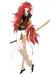 Rule 34 | 1other, androgynous, colored skin, crystal hair, elbow gloves, gloves, hair between eyes, highres, holding, holding weapon, houseki no kuni, light smile, long hair, long legs, necktie, o lo3253, padparadscha (houseki no kuni), puffy short sleeves, puffy sleeves, red eyes, red hair, short shorts, short sleeves, shorts, smile, solo, sword, thighhighs, thighs, very long hair, wavy hair, weapon, white skin, wooden sword