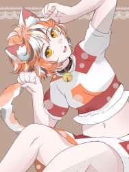 Rule 34 | 1girl, akira creative, animal ears, bell, breasts, brown background, calico, cat ears, cat girl, cat tail, commentary request, crop top, goutokuji mike, highres, jingle bell, maneki-neko, medium skirt, midriff, multicolored clothes, multicolored hair, multicolored shirt, multicolored skirt, multicolored tail, navel, neck bell, one-hour drawing challenge, orange eyes, orange hair, patch, patchwork clothes, paw pose, puffy short sleeves, puffy sleeves, short hair, short sleeves, sitting, skirt, small breasts, streaked hair, tail, touhou, white hair