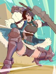 Rule 34 | 1girl, :d, armor, belt, black hair, breasts, celliera, dragalia lost, full body, gauntlets, gloves, high heels, highres, holding, holding weapon, medium breasts, nikukaiq, open mouth, red eyes, short hair, shorts, smile, solo, squatting, sword, thighhighs, weapon