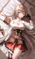 Rule 34 | 1girl, absurdres, arin7020, belt, belt skirt, blush, breasts, brown eyes, brown hair, cleavage, cleavage cutout, clothing cutout, compass, dagger, dress, feather hair ornament, feathers, gears, gloves, hair ornament, highres, hololive, hololive english, knife, long hair, looking at viewer, lying, medium breasts, nanashi mumei, on back, open mouth, partially fingerless gloves, ponytail, pouch, runes, single thighhigh, skirt, thighhighs, underbust, very long hair, virtual youtuber, weapon, window shadow