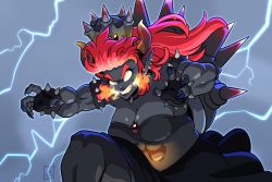 Rule 34 | 1girl, aaron schmit, abs, armlet, biceps, black skin, bowsette, bracelet, breath weapon, breathing fire, collar, colored skin, crown, dress, fingerless gloves, fingernails, fire, fury bowser, gloves, glowing, glowing eyes, horns, jewelry, lightning, long hair, mario (series), muscular, muscular female, new super mario bros. u deluxe, nintendo, pointy ears, red hair, sharp fingernails, smile, solo, spiked armlet, spiked bracelet, spiked collar, spiked shell, spikes, storm, super crown, super mario 3d world, thick eyebrows, turtle shell
