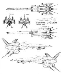 Rule 34 | absurdres, character sheet, commentary, concept art, cruiser (eve online), eve online, from side, highres, lineart, military vehicle, multiple views, no humans, original, rawis007, science fiction, spacecraft, spaceship, thrusters, traditional media, vehicle focus