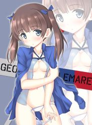 Rule 34 | 10s, 1girl, a9b (louis814), blue eyes, blush, brave witches, breasts, brown hair, camisole, cleavage, georgette lemare, groin, highres, long hair, navel, no pants, open clothes, open shirt, panties, ribbon, shirt, shirt on shoulders, side-tie panties, small breasts, solo, twintails, underwear, undressing, untied, white panties, world witches series