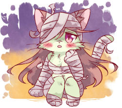 Rule 34 | 1girl, artist request, bandages, cat, cat busters, furry, furry female, mira (cat busters), mummy, purple eyes, solo