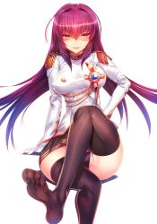 Rule 34 | 10s, 1girl, ass, bad id, bad pixiv id, black panties, black thighhighs, breasts, crossed legs, epaulettes, fate/extella, fate/extra, fate/grand order, fate (series), gloves, highres, long hair, looking at viewer, panties, parted lips, pleated skirt, purple eyes, purple hair, scathach (fate), silly (marinkomoe), sitting, skirt, smile, solo, thighhighs, underwear, white gloves