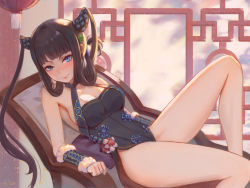 Rule 34 | 1girl, artist request, backlighting, bare shoulders, black dress, blue eyes, blunt bangs, blush, breasts, china dress, chinese clothes, cleavage, closed mouth, detached sleeves, dress, fate/grand order, fate (series), hair ornament, knees up, lantern, leaf hair ornament, leaning back, long hair, looking at viewer, lying, medium breasts, on back, paper lantern, pelvic curtain, purple hair, side slit, sidelocks, smile, solo, thighs, tongue, tongue out, twintails, very long hair, window, yang guifei (fate), yang guifei (second ascension) (fate)