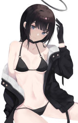 Rule 34 | 1girl, absurdres, bare shoulders, bikini, bikini under clothes, black bikini, black choker, black gloves, black hair, black jacket, breasts, choker, collarbone, commentary request, gloves, grey eyes, groin, halo, head tilt, highres, jacket, long hair, looking at viewer, medium breasts, navel, o-ring, o-ring bikini, o-ring top, off shoulder, ogami ren, open clothes, open jacket, original, parted lips, simple background, sitting, solo, swimsuit, white background