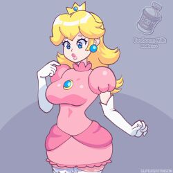 Rule 34 | 1girl, animated, animated gif, artist name, blonde hair, blue eyes, bouncing breasts, breast expansion, breasts, dress, gloves, large breasts, legs, lipstick, long hair, makeup, mario (series), medium breasts, nintendo, pink lips, princess, princess peach, puckered lips, solo, super mario bros. 1, supersatanson, thick thighs, thighs