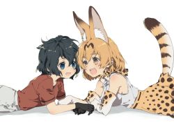 Rule 34 | 2girls, animal ears, bad id, bad twitter id, bare shoulders, black hair, blonde hair, blue eyes, bow, bowtie, elbow gloves, gloves, high-waist skirt, holding hands, kaban (kemono friends), kemono friends, lying, multiple girls, no headwear, on stomach, print gloves, print neckwear, print skirt, serval (kemono friends), serval print, serval tail, shirt, short hair, short sleeves, shorts, skirt, sleeveless, sumida00rio, t-shirt, tail, traditional bowtie, yellow eyes