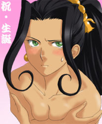 Rule 34 | 00s, black hair, blush, breast hold, breasts, covering privates, covering breasts, green eyes, k-ma, long hair, lowres, nude, nude cover, ponytail, sakura taisen, sakura taisen ii, soletta orihime, sweatdrop