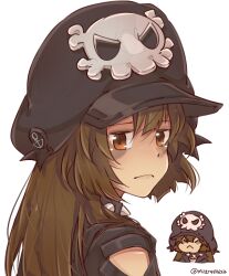 Rule 34 | 1girl, adapted costume, alternate color, bags under eyes, bare shoulders, black choker, black hat, brown eyes, brown hair, cabbie hat, choker, collar, guilty gear, guilty gear strive, hat, hat ornament, highres, long hair, looking at viewer, may (guilty gear), mil17459623, skull and crossbones, skull hat ornament, spiked collar, spikes, upper body