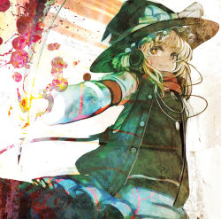 Rule 34 | 1girl, adapted costume, album cover, alternate costume, armband, blonde hair, blue eyes, contemporary, cover, female focus, hat, headphones, highres, jacket, kirisame marisa, light smile, orange eyes, organ derwald, outstretched arm, perfect cherry blossom, scarf, smile, solo, stain, touhou, witch, witch hat, yellow eyes