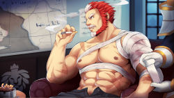Rule 34 | 1boy, abs, applying bandages, bandaged arm, bandages, bara, bare pectorals, beard, cigarette, facial hair, gyee, highres, holding, holding cigarette, injury, large pectorals, male focus, male pubic hair, multicolored hair, muscular, muscular male, mustache, navel, nipples, official art, old, old man, open pants, pants, pectorals, pubic hair, red hair, scar, scar on chest, scar on stomach, short hair, skindentation, smoking, solo focus, stomach, streaked hair, white hair, will (gyee), zifu