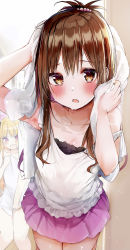 Rule 34 | 2girls, blonde hair, blush, breasts, brown eyes, brown hair, cleavage, collarbone, commentary request, hair bobbles, hair ornament, highres, konjiki no yami, long hair, multiple girls, naked towel, open mouth, pink skirt, rouka (akatyann), shirt, skirt, sleeveless, sleeveless shirt, small breasts, thighs, to love-ru, to love-ru darkness, towel, towel on head, wet, wet clothes, wet shirt, white shirt, yuuki mikan