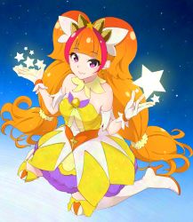 Rule 34 | 1girl, amanogawa kirara, bare shoulders, boots, brown hair, choker, cure twinkle, dress, earrings, egooo, gloves, go! princess precure, high heel boots, high heels, jewelry, lips, long hair, looking at viewer, magical girl, multicolored hair, orange hair, precure, purple eyes, sky, smile, solo, star (sky), star (symbol), star earrings, starry background, starry sky, thigh boots, thighhighs, twintails, two-tone hair, white thighhighs