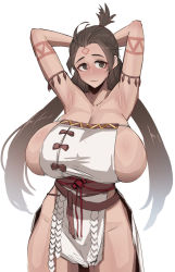 Rule 34 | 1girl, armband, armpits, blush, breasts, brown eyes, brown hair, fate/grand order, fate (series), hands behind head, highres, himiko (fate), large breasts, long hair, roresu, sideboob, thighs