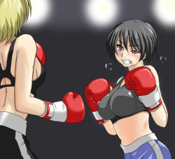 Rule 34 | 2girls, arena, black hair, blonde hair, boxer, boxing, boxing gloves, boxing ring, breasts, fighting, large breasts, midriff, multiple girls, shorts, playing sports, sports bra, sweat