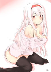Rule 34 | 10s, 1girl, absurdres, bare shoulders, black thighhighs, blush, breasts, cleavage, collared shirt, full body, gradient background, hairband, headband, highres, kantai collection, long hair, long sleeves, looking at viewer, no pants, off shoulder, open mouth, panties, parted lips, pink background, shirt, shoukaku (kancolle), side-tie panties, sitting, solo, thighhighs, twitter username, underwear, undressing, white background, white hair, white shirt, yoshiki (bpmaxm)