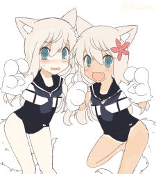 Rule 34 | 2girls, animal ears, animal hands, bad id, bad pixiv id, blonde hair, blue eyes, cat ears, cat girl, cosplay, crop top, dual persona, fang, female focus, flat color, flower, fujiyama ichiha, gloves, hair flower, hair ornament, highres, kantai collection, multiple girls, one-piece tan, partially colored, paw gloves, ro-500 (kancolle), ro-500 (kancolle) (cosplay), sailor collar, school swimsuit, swimsuit, swimsuit under clothes, tan, tanline, u-511 (kancolle), white background