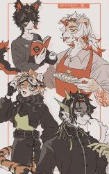 Rule 34 | 1girl, 3boys, aak (arknights), apron, arknights, arm tattoo, black hair, black jacket, black shirt, black skirt, book, cat boy, cropped jacket, cup, dog boy, dragon boy, furry, furry female, furry male, goggles, goggles on head, grey background, grey shirt, hair ornament, hairclip, highres, holding, holding book, holding cup, horns, hung (arknights), jacket, lee (arknights), multiple boys, open mouth, ponytail, red apron, red horns, shirt, sirakaro, skirt, tail, tattoo, tiger girl, waai fu (arknights), white hair