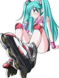 Rule 34 | 1girl, aqua eyes, aqua hair, arm support, blush, bottle, bra, clothes writing, convenient leg, copyright name, drinking, drinking straw, eichi1219, foreshortening, hair ornament, hatsune miku, highres, inline skates, knee pads, long hair, looking away, roller skates, see-through, shirt, short shorts, shorts, simple background, sitting, skates, sleeves rolled up, solo, sports bra, sweat, tattoo, twintails, underwear, vocaloid, water bottle, white background, wristband
