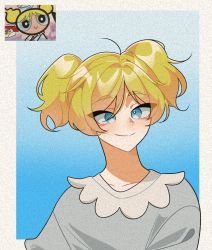 Rule 34 | 1girl, arukigae, blonde hair, blue background, blue pajamas, blush, bubbles (ppg), buttercup redraw challenge (meme), derivative work, eyes visible through hair, gradient background, highres, meme, messy hair, pajamas, powerpuff girls, reference inset, screenshot inset, screenshot redraw, shadow, solo, twintails, upper body
