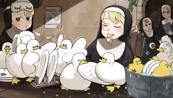 Rule 34 | &gt; &lt;, 4girls, ^ ^, basin, beak hold, bird, blonde hair, book, brick wall, brown hair, bubble, chicken, closed eyes, clumsy nun (diva), commentary, cupboard, dish rack, dishwashing, diva (hyxpk), doorway, drooling, duck, duckling, english commentary, eye mask, feathers, flapping, flower, froggy nun (diva), habit, hair flower, hair ornament, hairclip, hanging plant, highres, holding, holding book, little nuns (diva), mole, mole on cheek, motion blur, mouth hold, multiple girls, nose bubble, nun, o3o, on head, plate, pointing, poop, poster (object), scowl, shaded face, sleeping, sleeping upright, spicy nun (diva), strict nun (diva), sweatdrop, traditional nun, triangle mouth, wading, whistle, whistling, wiping, yellow eyes