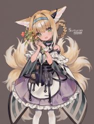 Rule 34 | 1girl, :d, animal ear fluff, animal ears, arknights, blonde hair, blush, braided hair rings, character name, commentary, flower, fox ears, fox tail, green eyes, grey background, hair rings, highres, juju (jelly fever), looking at viewer, material growth, multiple tails, open mouth, oripathy lesion (arknights), pouch, scrunchie, simple background, smile, solo, suzuran (arknights), tail, white legwear, wrist scrunchie