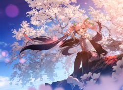 Rule 34 | 1girl, black footwear, blush, boots, breasts, cherry blossoms, cloud, commentary request, detached sleeves, hair ornament, hatsune miku, highres, long hair, nail polish, necktie, open mouth, outdoors, petals, pink eyes, pink hair, pink nails, pink necktie, pink skirt, pleated skirt, sakura miku, scenery, shirinda fureiru, shirt, sitting, skirt, sky, sleeveless, sleeveless shirt, small breasts, solo, thigh boots, thighhighs, tree, twintails, very long hair, vocaloid