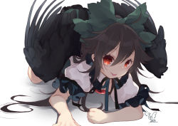 Rule 34 | 1girl, :p, black hair, black wings, bow, clenched hand, commentary request, feathered wings, green bow, hair between eyes, hair bow, highres, long hair, looking at viewer, lying, on stomach, puffy short sleeves, puffy sleeves, red eyes, reiuji utsuho, shadow, shirt, short sleeves, signature, simple background, solo, tongue, tongue out, touhou, toutenkou, white background, white shirt, wings