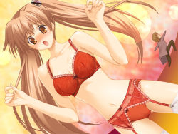 Rule 34 | 1girl, blush, bow, bow bra, bow panties, bra, brown eyes, brown hair, dutch angle, embarrassed, game cg, garter belt, goma satoshi, lace, lace-trimmed bra, lace-trimmed panties, lace trim, lingerie, navel, oshiete miko sensei, panties, red bra, red panties, solo, standing, thighhighs, twintails, underwear, underwear only, white thighhighs, yajima kasumi