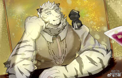 Rule 34 | 1boy, 1other, animal ears, arknights, bad tag, bara, chain, chain necklace, cup, doctor (arknights), drinking glass, elbow rest, furry, furry male, jewelry, large hands, large pectorals, male focus, minboy, mountain (arknights), muscular, muscular male, necklace, pectorals, scar, scar across eye, short hair, smile, snowing, solo, thick eyebrows, tiger boy, tiger ears, to shin, upper body, white hair, wine glass