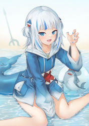 Rule 34 | 1girl, :d, animal hood, bloop (gawr gura), blue eyes, blue hair, blue nails, blunt bangs, blush, commentary, fins, fish tail, gawr gura, gawr gura (1st costume), hair ornament, hand up, highres, hololive, hololive english, hood, hoodie, in water, long sleeves, looking at viewer, medium hair, miso (b7669726), multicolored hair, nail polish, open mouth, polearm, shark hood, shark tail, sharp teeth, sitting, smile, solo, streaked hair, symbol-only commentary, tail, teeth, thighs, trident, two side up, upper teeth only, virtual youtuber, weapon