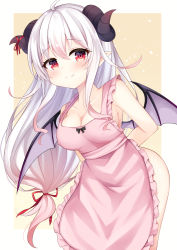 Rule 34 | 1girl, absurdres, ahoge, apron, arms behind back, bare shoulders, bat wings, blush, breasts, cleavage, closed mouth, collarbone, commentary request, covered erect nipples, cowboy shot, fang, hair between eyes, hair ribbon, highres, horn ornament, horn ribbon, horns, leaning forward, light smile, long hair, looking at viewer, medium breasts, miy@, naked apron, original, pink apron, pointy ears, red eyes, red ribbon, ribbon, silver hair, simple background, solo, standing, very long hair, wings, yellow background