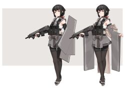 Rule 34 | 1girl, absurdres, black hair, choker, contrapposto, detached sleeves, facial tattoo, flag, full body, highres, holding, holding shield, holding weapon, japanese clothes, kenjuu kiri, long hair, looking at viewer, military, nusisring tactical, obi, original, pantyhose, sandals, sash, shield, sleeveless, smile, solo, standing, tabi, tactical clothes, tattoo, vectorek, weapon, weapon request, yellow eyes