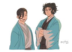 Rule 34 | 2boys, :d, ^ ^, asaya minoru, black hair, black kimono, closed eyes, closed mouth, cropped torso, eyes visible through hair, facing viewer, fate/grand order, fate (series), hair over one eye, hands in opposite sleeves, hijikata toshizou (fate), japanese clothes, kimono, koha-ace, long sleeves, male focus, multiple boys, open clothes, open mouth, ponytail, red eyes, simple background, smile, twitter username, upper body, white background, wide sleeves, yamanami keisuke (fate)