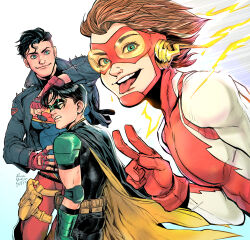 Rule 34 | 3boys, animification, aoba rena (kuro mameo), bart allen, belt, black hair, blue eyes, brown hair, cape, dc comics, domino mask, unworn eyewear, fingerless gloves, gloves, hand on another&#039;s head, hand on own hip, highres, holding, holding removed eyewear, impulse, jacket, kon-el, leather, leather jacket, looking at viewer, male focus, mask, multiple boys, red gloves, red goggles, robin (dc), smile, superboy, superhero costume, teeth, tim drake, tongue, tongue out, upper teeth only, v, white background, young justice
