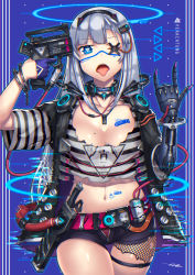 Rule 34 | 1girl, \m/, barcode, barcode tattoo, belt, blue background, blue eyes, blunt bangs, breasts, cable, choker, cleavage, collarbone, cowboy shot, cuffs, cyberpunk, cyborg, dagger, eyepatch, finger on trigger, gia, gloves, gun, gun to head, half gloves, halo, handcuffs, highres, holding, holding gun, holding weapon, knife, long hair, looking at viewer, mechanical arms, mechanical halo, midriff, mole, mole on breast, navel, open fly, open mouth, original, sheath, sheathed, short shorts, shorts, silver hair, single glove, single mechanical arm, solo, standing, symbol in eye, tattoo, thigh strap, tongue, tongue out, torn clothes, weapon, zipper