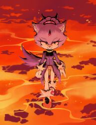 Rule 34 | 1girl, blaze the cat, forehead jewel, furry, furry female, gloves, green eyes, highres, jacket, looking at viewer, lava, purple jacket, rfts10919, solo, sonic (series), white gloves