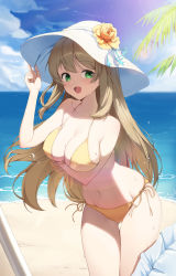 Rule 34 | 1girl, :d, absurdres, beach, bikini, blue archive, blue sky, blush, breast hold, breasts, brown hair, cleavage, cloud, collarbone, cowboy shot, day, flower, green eyes, hat, hat flower, highres, horizon, large breasts, leaning forward, light brown hair, long hair, looking at viewer, navel, nonomi (blue archive), ocean, open mouth, outdoors, palm tree, pengin, sand, sky, smile, solo, stomach, string bikini, sun hat, swimsuit, thighs, tree, water, wet, yellow bikini