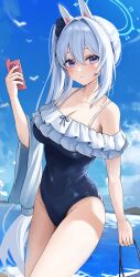 Rule 34 | 1girl, absurdres, bag, blue archive, blue eyes, blue halo, blue one-piece swimsuit, blue sky, blush, bow, breasts, cleavage, collarbone, commentary, covered navel, frilled one-piece swimsuit, frills, groin, hair bow, halo, highres, holding, holding bag, holding phone, large breasts, long hair, looking at viewer, miruku pan, miyako (blue archive), miyako (swimsuit) (blue archive), ocean, off-shoulder one-piece swimsuit, off shoulder, official alternate costume, one-piece swimsuit, phone, ponytail, purple eyes, sidelocks, sky, solo, swimsuit, symbol-only commentary, thighs, white hair