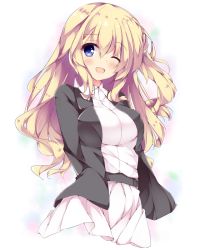 Rule 34 | 1girl, ;d, arms behind back, belt, black jacket, blonde hair, blue eyes, blush, breasts, collared dress, dress, fuuna, highres, jacket, long hair, long sleeves, medium breasts, multicolored background, one eye closed, open clothes, open jacket, open mouth, original, smile, solo, tareme, upper body, white dress, wing collar