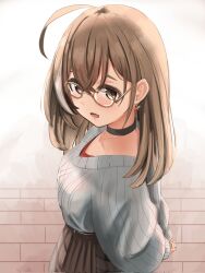 Rule 34 | 1girl, ahoge, belt, berry, black choker, brick road, brown eyes, brown hair, brown skirt, choker, crossed bangs, earrings, food-themed earrings, from above, glasses, highres, higure yuu, hololive, hololive english, jewelry, long hair, looking at viewer, multicolored hair, nanashi mumei, nanashi mumei (casual), necklace, official alternate costume, plaid, plaid skirt, pleated skirt, red shirt, round eyewear, shirt, skirt, streaked hair, sweater, virtual youtuber, white sweater