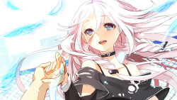 Rule 34 | 1girl, animal, animal on shoulder, bird, bird on shoulder, blue eyes, blush, braid, choker, feathers, gin (oyoyo), hair ornament, holding hands, ia (vocaloid), long hair, long sleeves, looking at viewer, off shoulder, open mouth, pink hair, pov, shirt, smile, twin braids, vocaloid